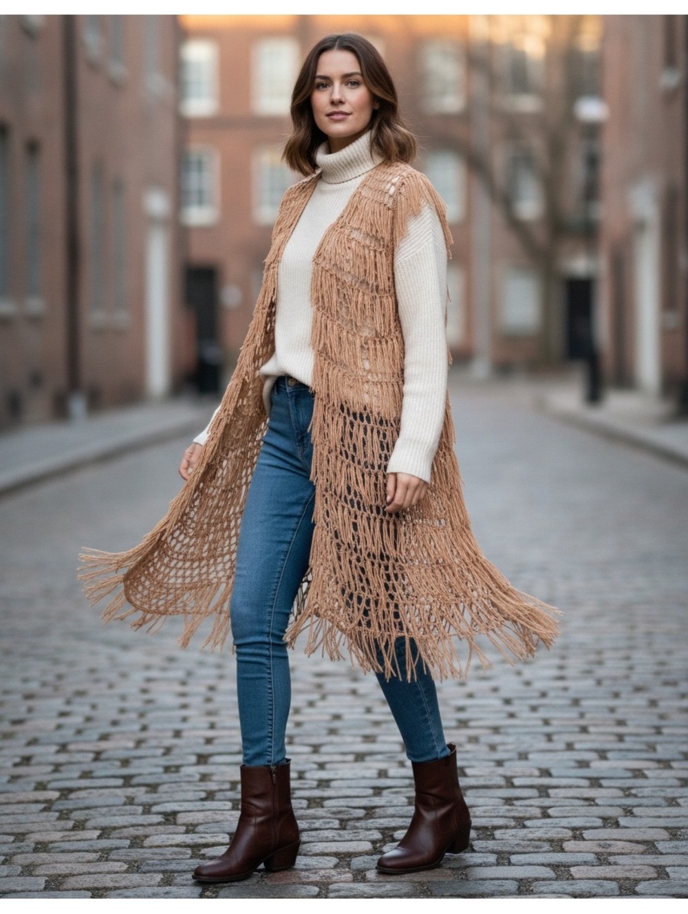 Umgee Knotted Fringe Long Open Cardigan Vest 1X